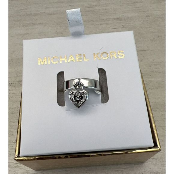 Michael Kors MKJX78890406 Sz 6 Silver-Tone "MK" Dangle Heart & Pave Stone Ring - Picture 4 of 14